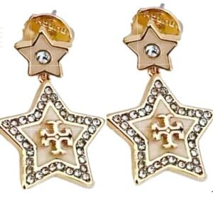 TORY BURCH GOLD LOGO PAVÉ FALLING STAR DROP EARRINGS